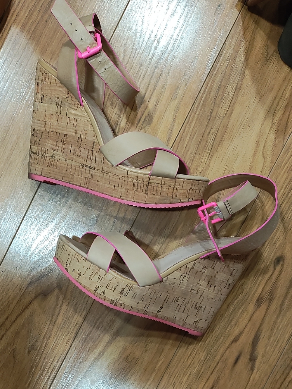 Aldo Beige Wedge Sandals with Pink Trim